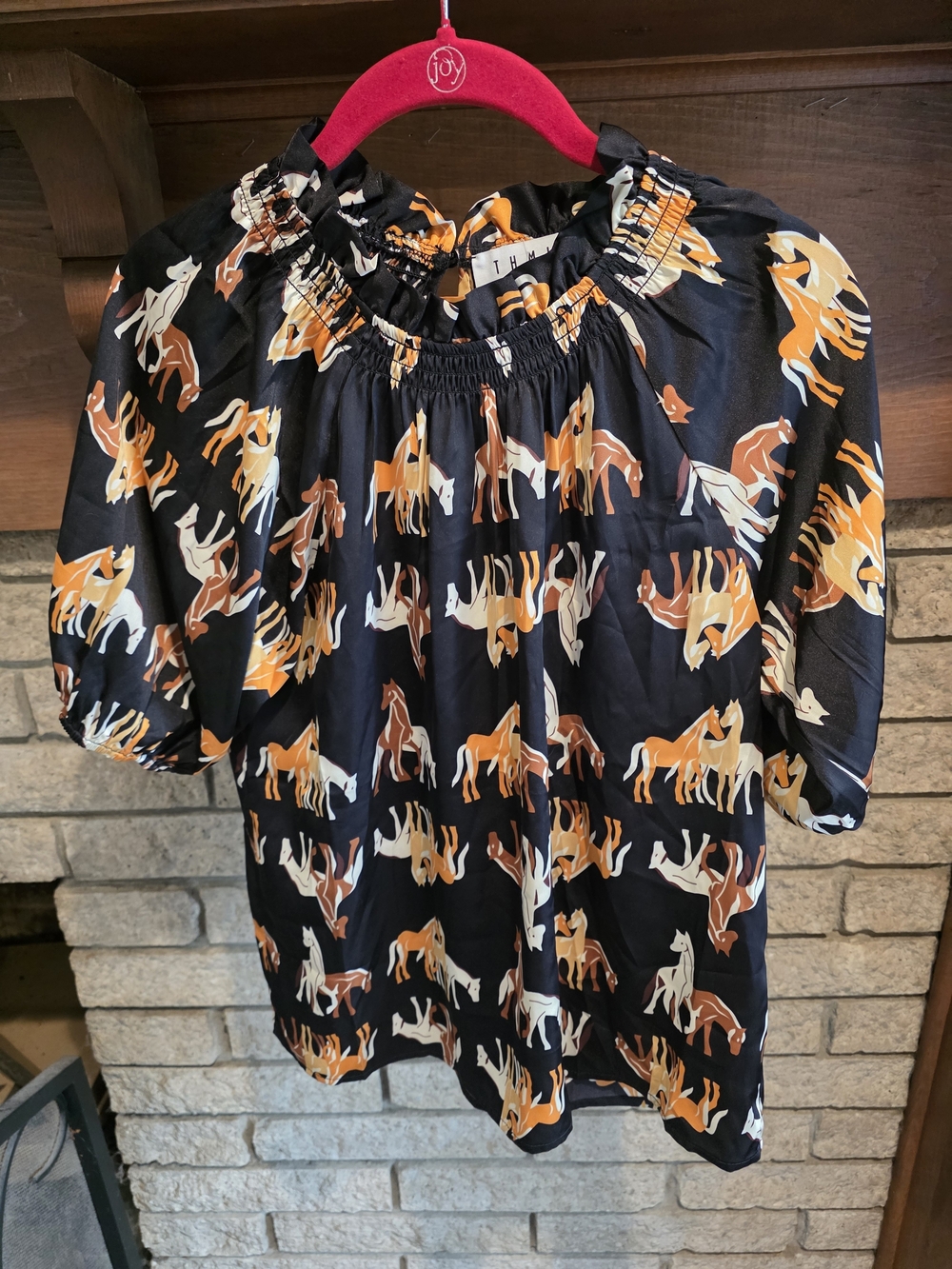 THML Black Horse-Print Smocked-Neck Blouse - Picture 2 of 5